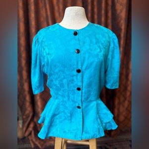 Adrianna Papell vintage peplum 100% silk floral button-up blouse